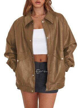 Women's Khaki Faux Leather Jacket Oversized Y2k Autumn Imported Winter Coat